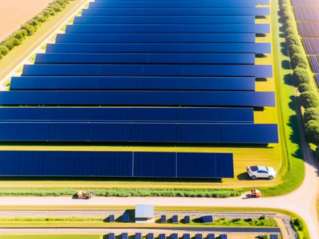 Un bullicioso campo solar con paneles fotovoltaicos brillando bajo el sol, mientras ingenieros y trabajadores inspeccionan la matriz solar