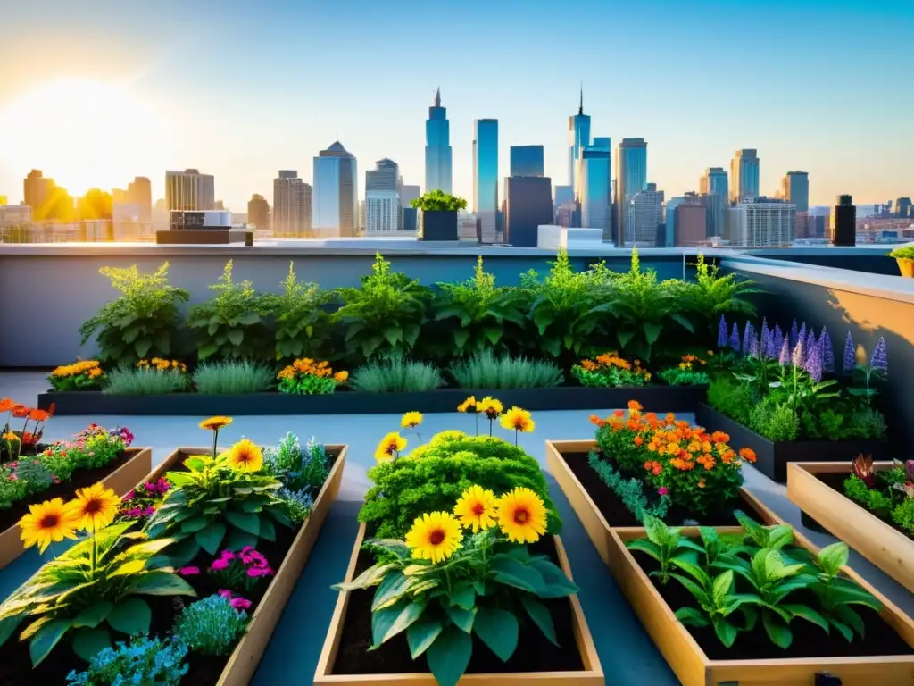 Un bullicioso huerto urbano en la azotea, lleno de plantas exuberantes y flores coloridas