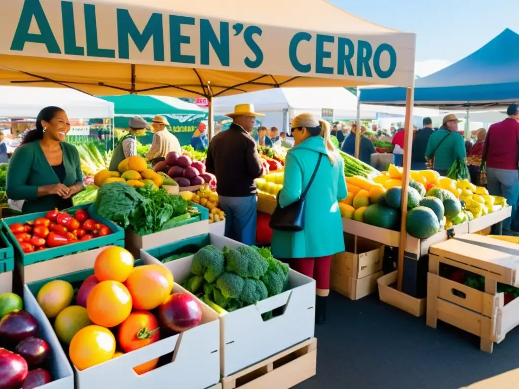 En el bullicioso mercado de agricultores, la comunidad disfruta de frutas y verduras frescas, promoviendo los beneficios de alimentos kilómetro cero