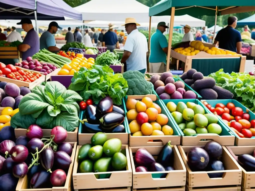 Un bullicioso mercado de agricultores con frutas y verduras orgánicas en cajas de madera