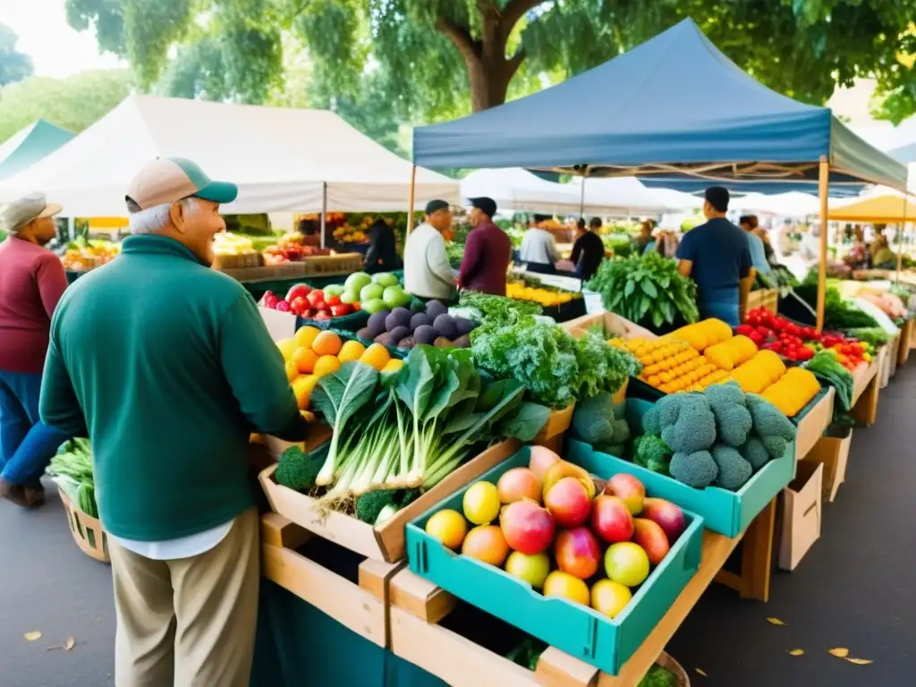 Un bullicioso mercado de agricultores con frutas y verduras orgánicas