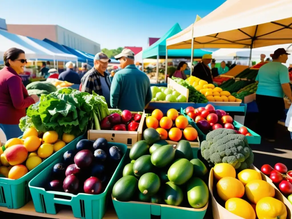 Un bullicioso mercado de agricultores con frutas y verduras frescas y coloridas en exhibición