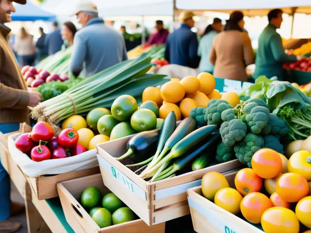 Un bullicioso mercado de agricultores orgánicos rebosante de frutas y verduras frescas y coloridas