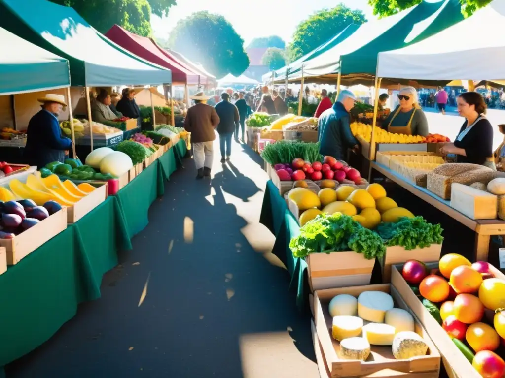 Un bullicioso mercado de agricultores con productos frescos y coloridos, transmitiendo la esencia de los beneficios de los alimentos kilómetro cero