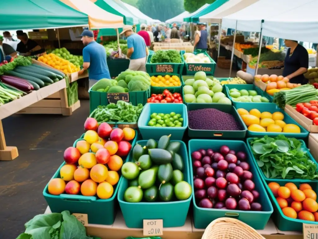 Un bullicioso mercado de alimentos orgánicos, vibrante y colorido, donde la comunidad se une para reducir carga sanitaria