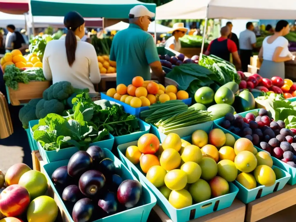 Un bullicioso mercado agrícola con frutas y verduras orgánicas vibrantes, clientes y agricultores disfrutando de conversaciones animadas