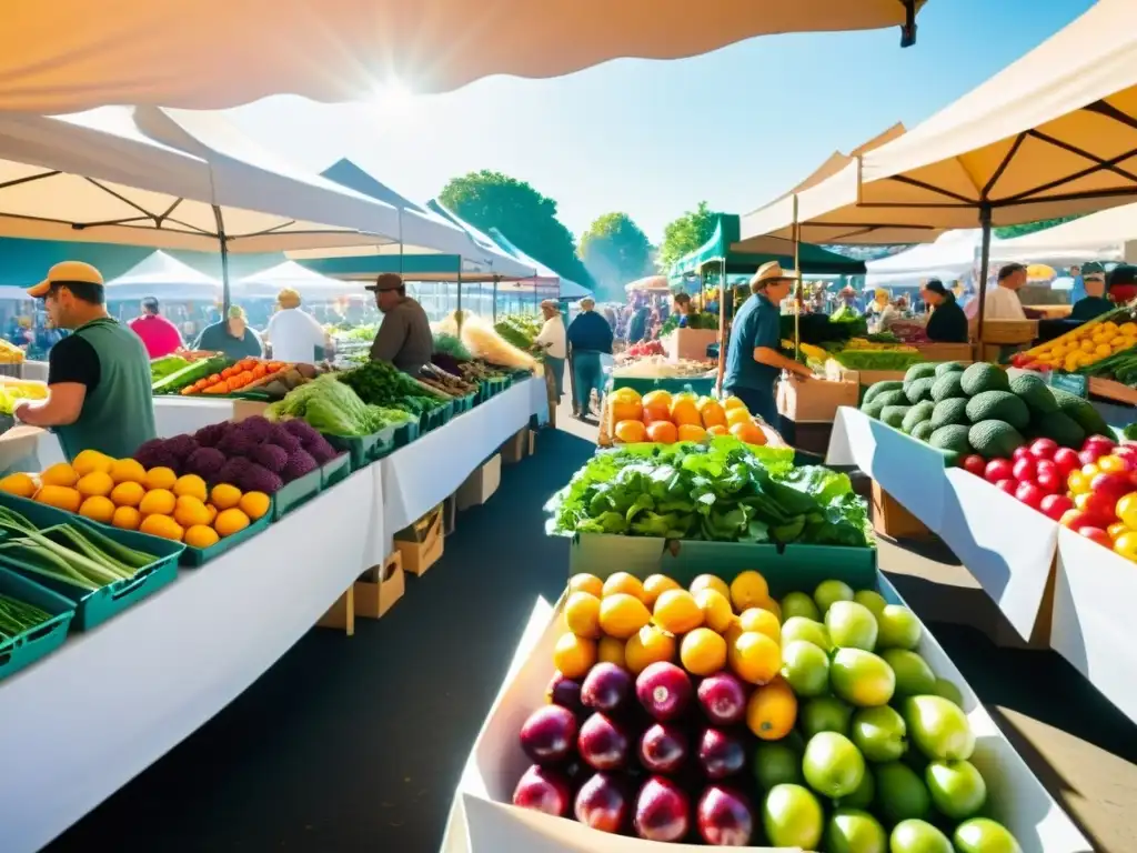 Un bullicioso mercado agrícola con frutas y verduras coloridas en exhibición, clientes comprando y vendedores conversando