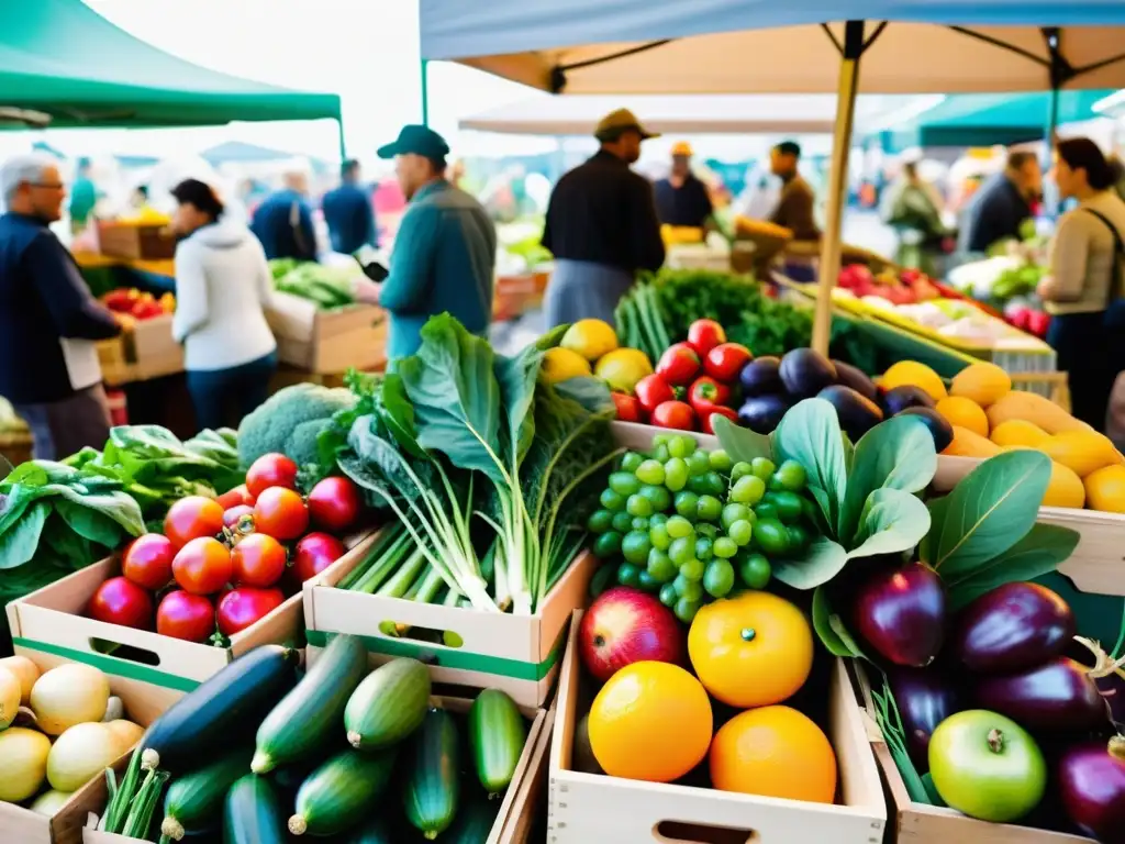 Un bullicioso mercado orgánico con coloridos productos frescos