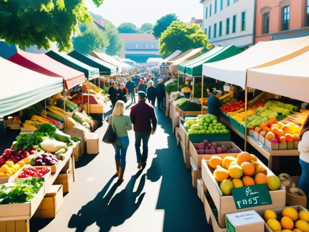 Un bullicioso mercado orgánico con frutas y verduras frescas certificadas y productos artesanales