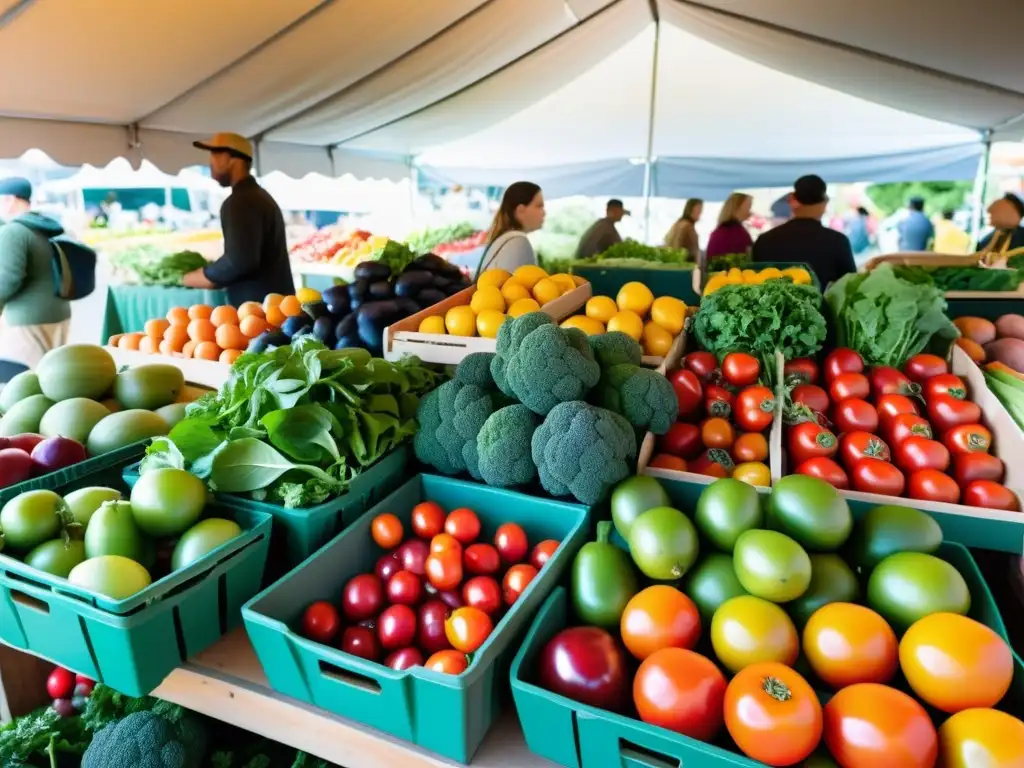 Un bullicioso mercado orgánico con frutas y verduras frescas, creando una conexión a las dietas basadas en plantas orgánicas