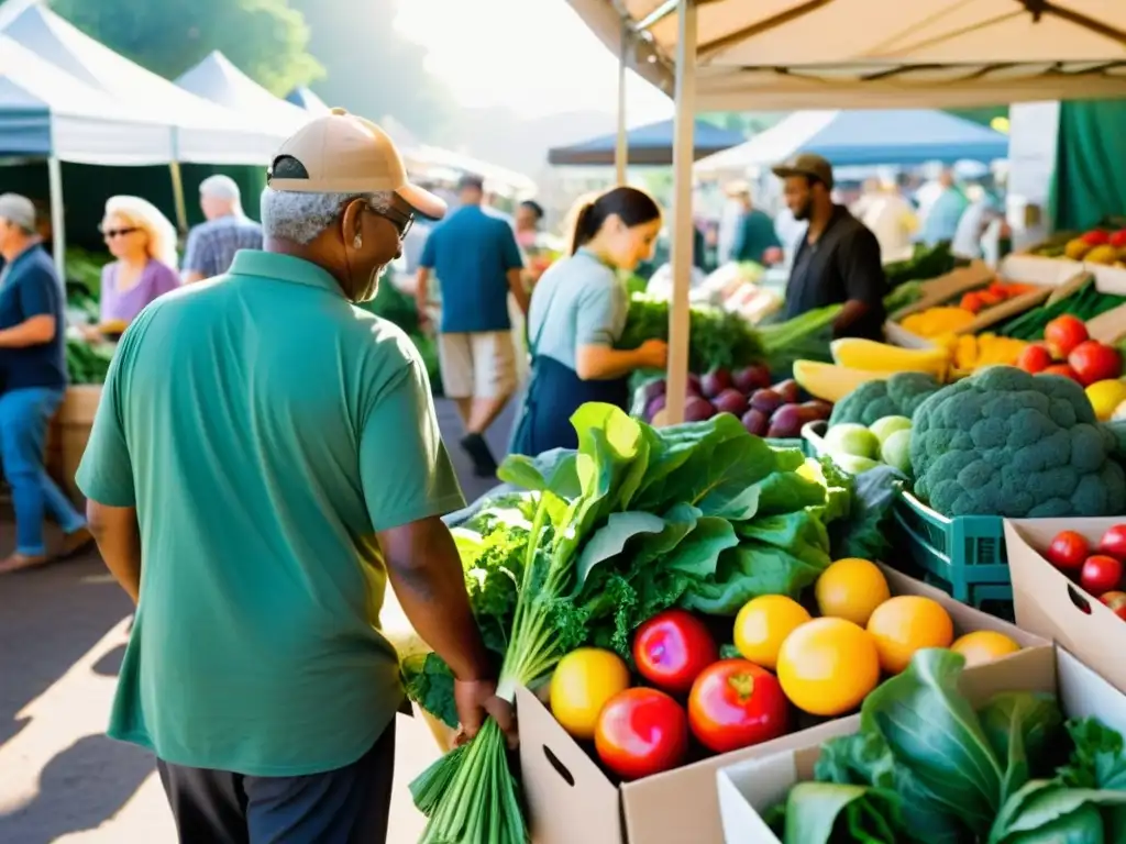 Un bullicioso mercado agrícola con productos frescos y coloridos, promoviendo la educación alimentaria y la conciencia planetaria