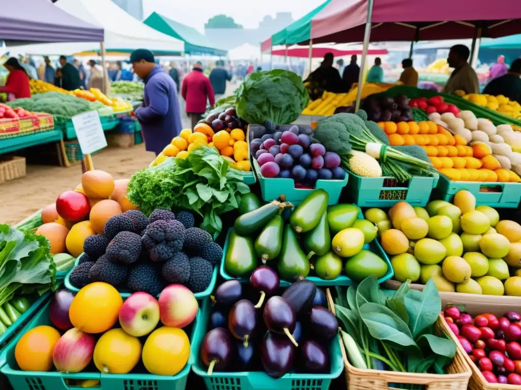 Un bullicioso mercado con una variedad de frutas y verduras, reflejando la conexión entre alimentos sostenibles y biodiversidad ecosistemas