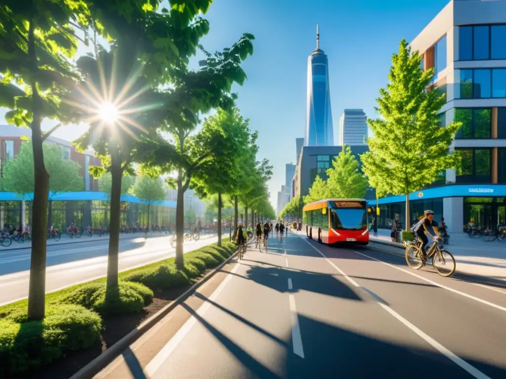 Un bullicioso paisaje urbano con árboles, bicicletas y autobuses eléctricos