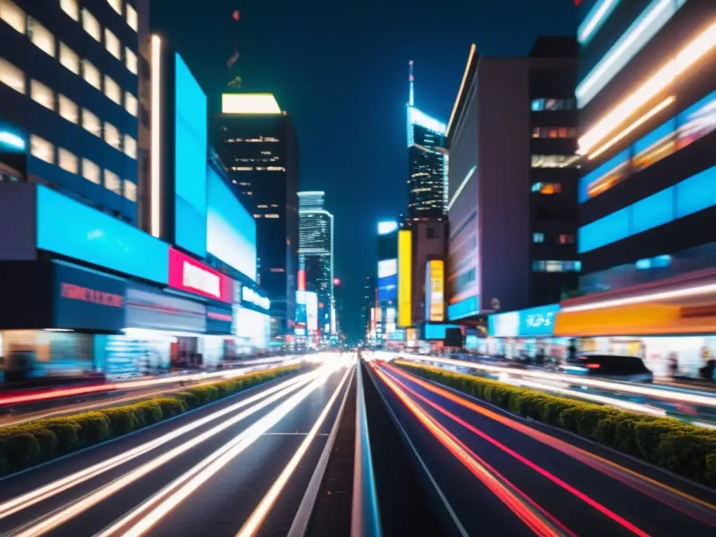 Un bullicioso paisaje urbano nocturno, con luces brillantes de la ciudad y rastros borrosos de luces de coches