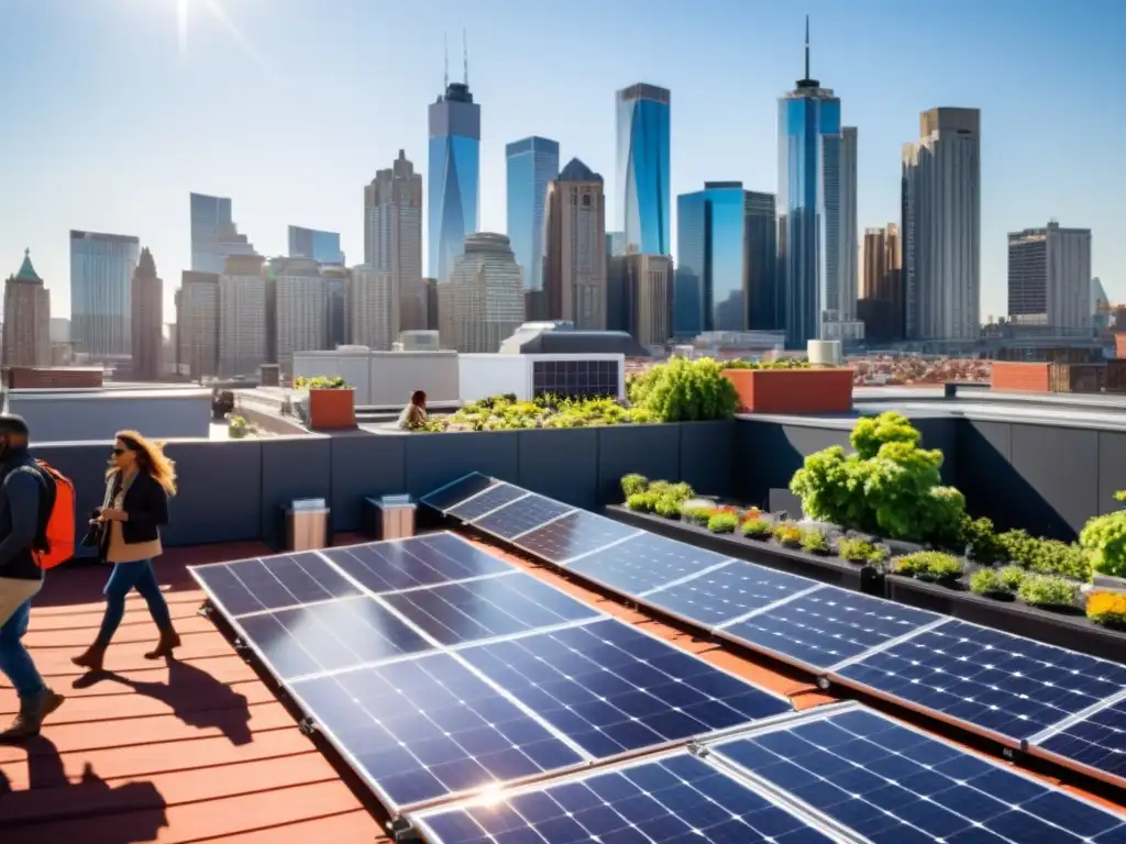 Un bullicioso tejado urbano cubierto de paneles solares, con el horizonte de la ciudad de fondo