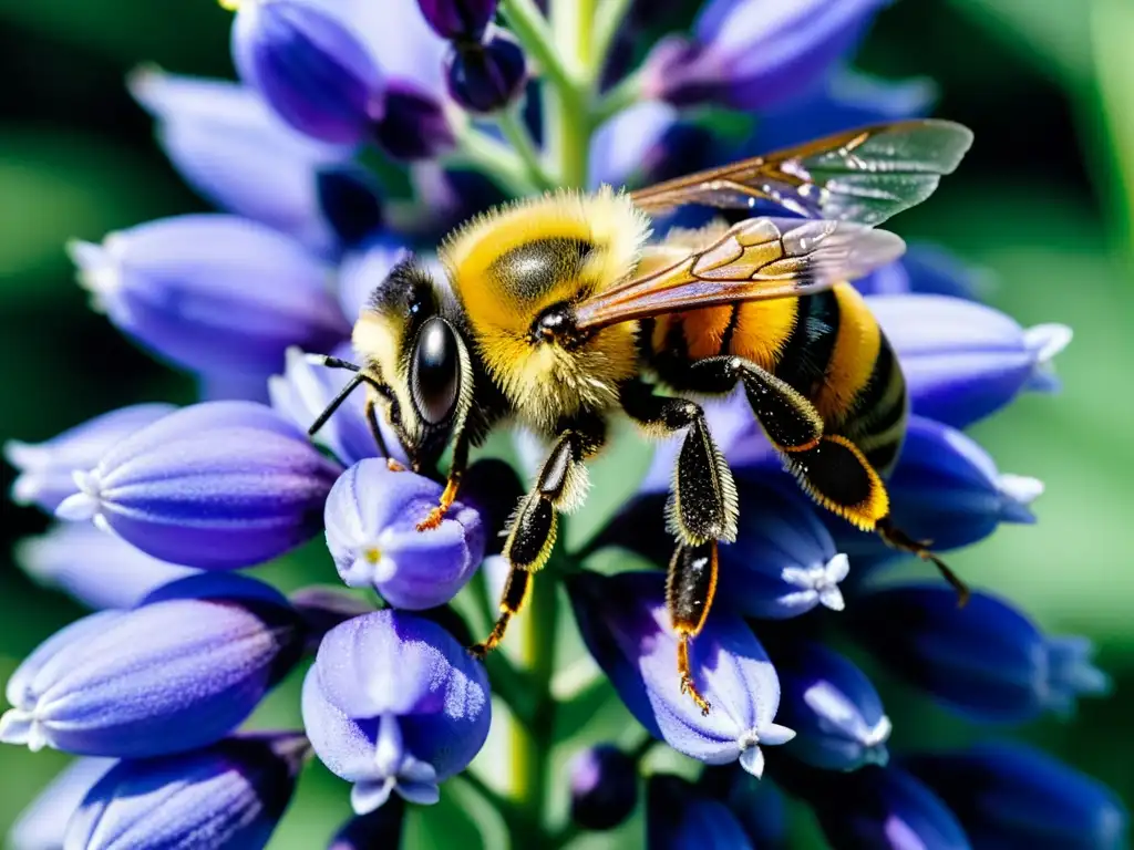 Un bumblebee cubierto de polen, sus alas delicadas y su cuerpo peludo en foco mientras se posa sobre una lupina morada