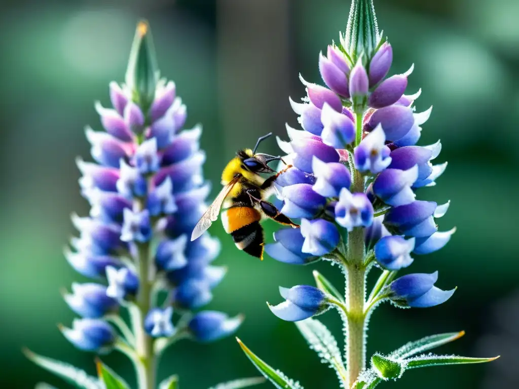 Un bumblebee recoge néctar de una hermosa flor de lupino morado en la taiga, destacando la importancia de los polinizadores