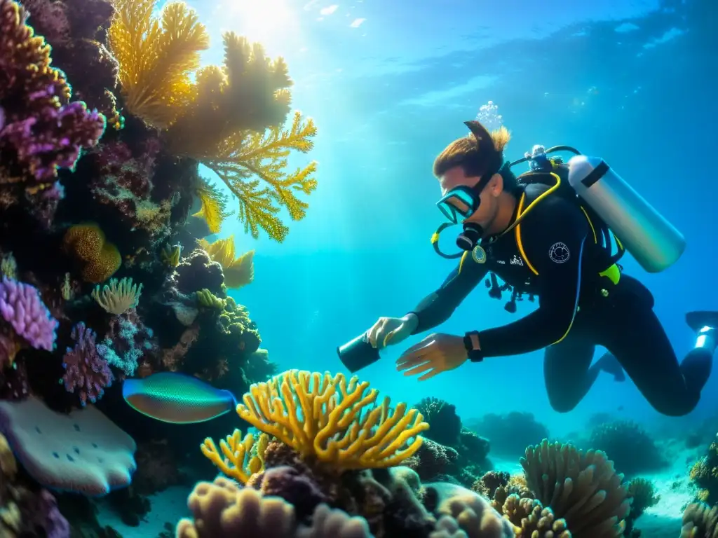 Un buzo ajusta su equipo de snorkel y buceo responsable antes de sumergirse en un arrecife de coral vibrante bajo el agua cristalina