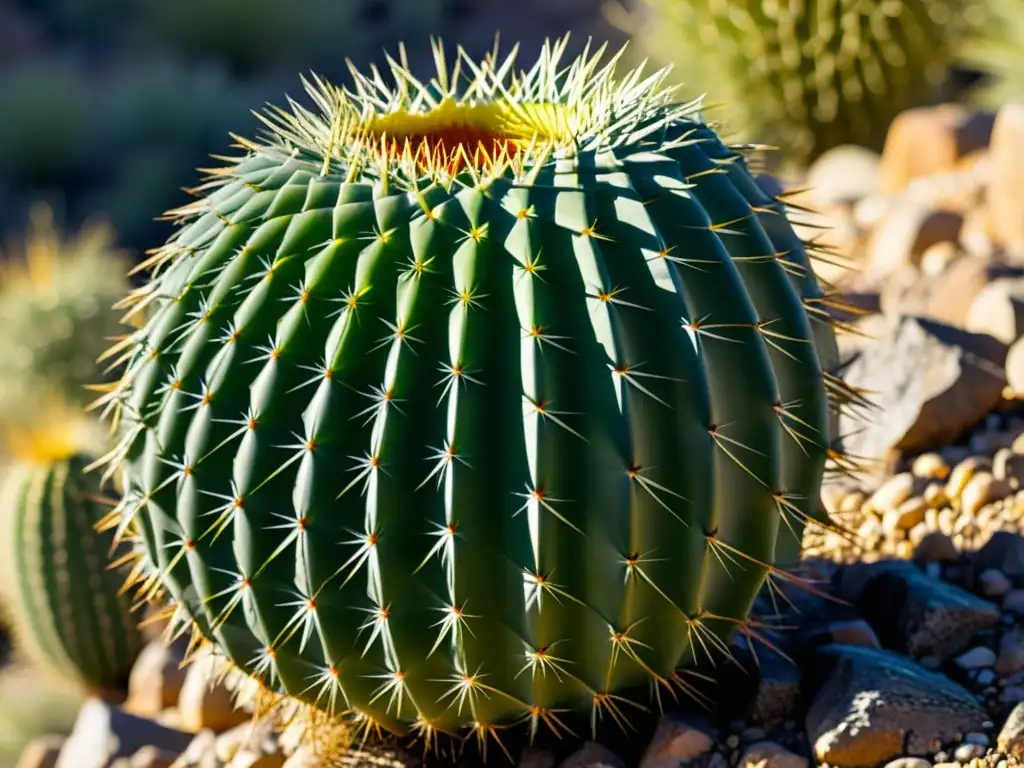 Un cactus barril en el Desierto de Sonora, con su piel verde vibrante y espinas relucientes bajo el sol