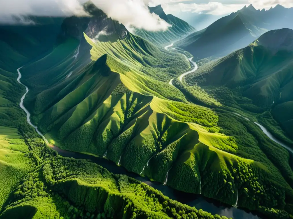 Biodiversidad en cadenas montañosas: imagen aérea de una exuberante y majestuosa cordillera envuelta en neblina, con ríos serpenteantes y una rica flora