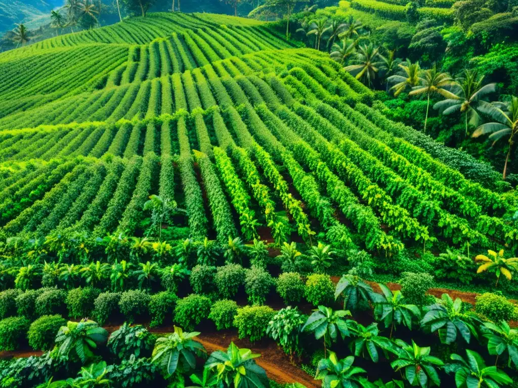 Cafetal exuberante con plantas alineadas, iluminadas por el sol dorado