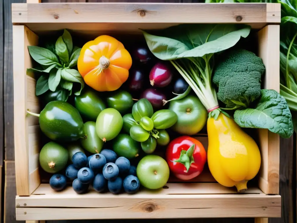 Una caja rústica rebosante de frutas y verduras orgánicas recién cosechadas, en un entorno campestre soleado