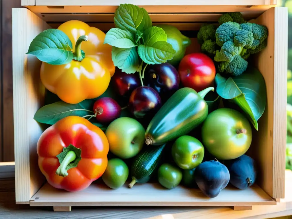 Una caja rústica rebosante de frutas y verduras orgánicas recién cosechadas, bañadas por la cálida luz del sol