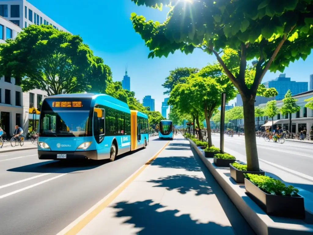 Una calle bulliciosa de la ciudad con árboles verdes exuberantes y macetas vibrantes, donde peatones pasean y ciclistas usan carriles exclusivos