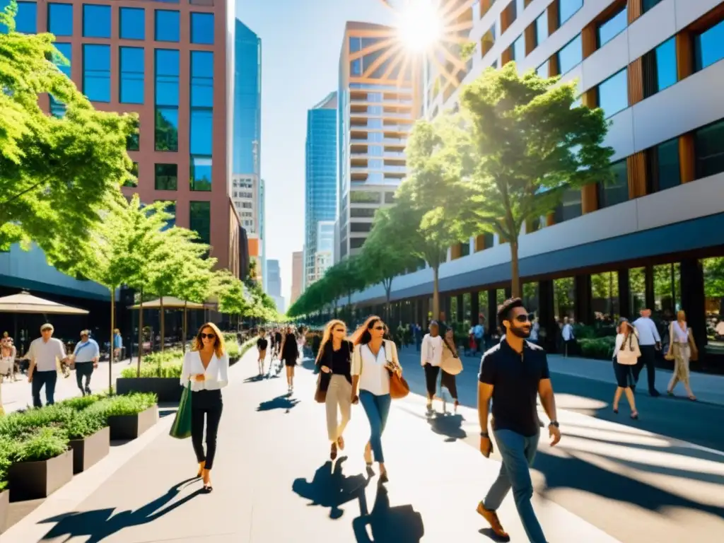 Una calle bulliciosa de la ciudad con edificios modernos y exuberante vegetación