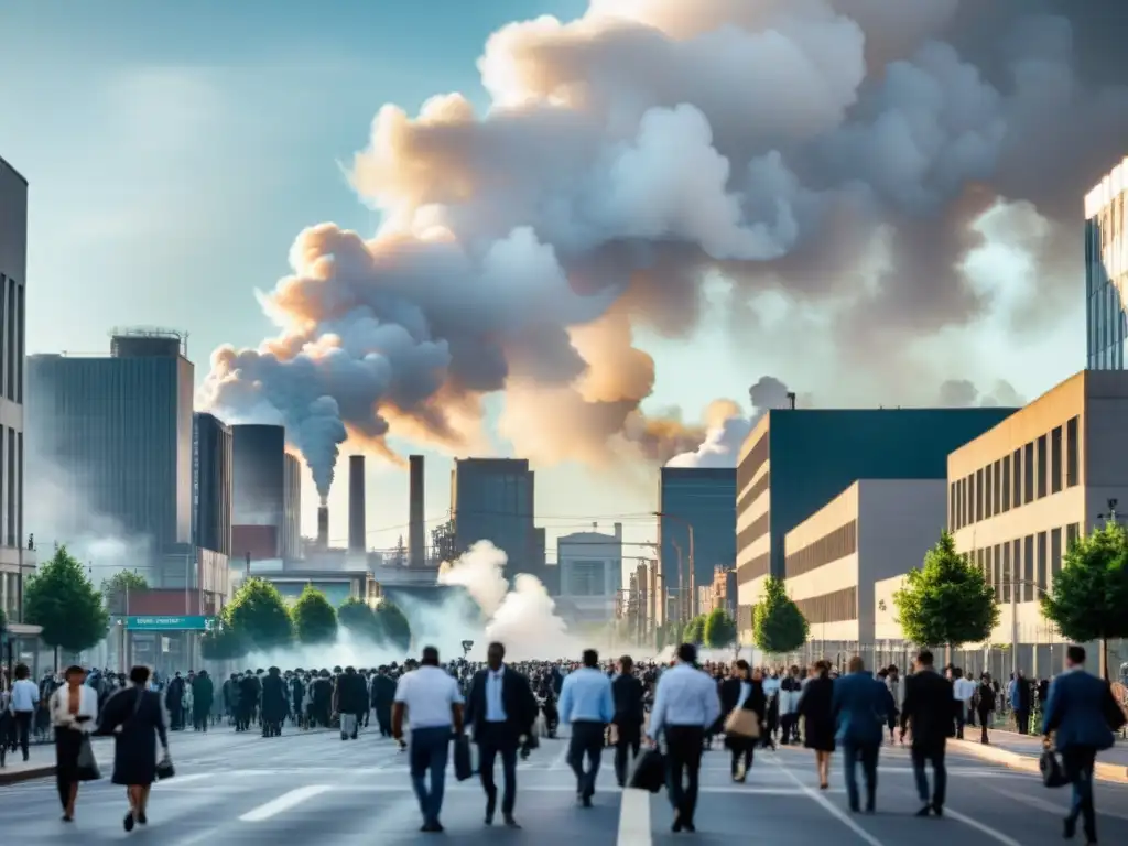 Contraste urbano: industria y clima Una calle bulliciosa de una ciudad con gente y un complejo industrial emitiendo humo blanco