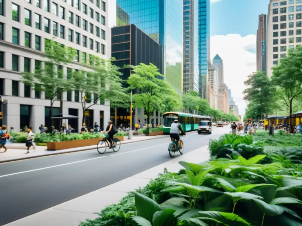 Una calle de la ciudad bulliciosa con árboles y zonas verdes, resaltando la conservación de ecosistemas estrategias clave