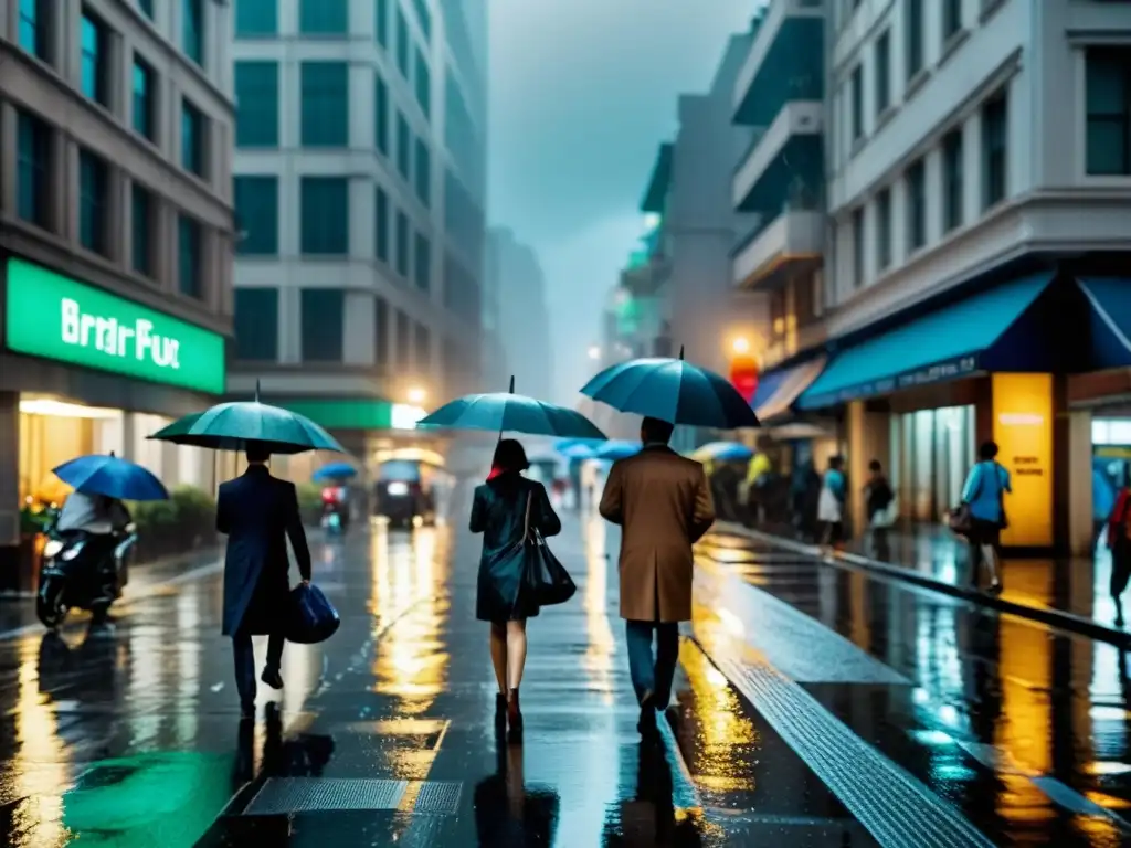 Una calle de la ciudad bulliciosa bajo una tormenta intensa, mostrando la resiliencia de las infraestructuras urbanas ante el clima extremo