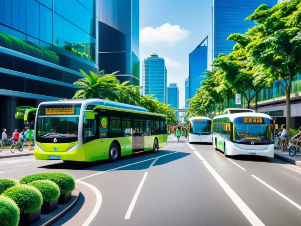 Una calle de ciudad llena de autobuses eléctricos, ciclistas y vegetación, mostrando un transporte público verde sostenible y armonía urbana