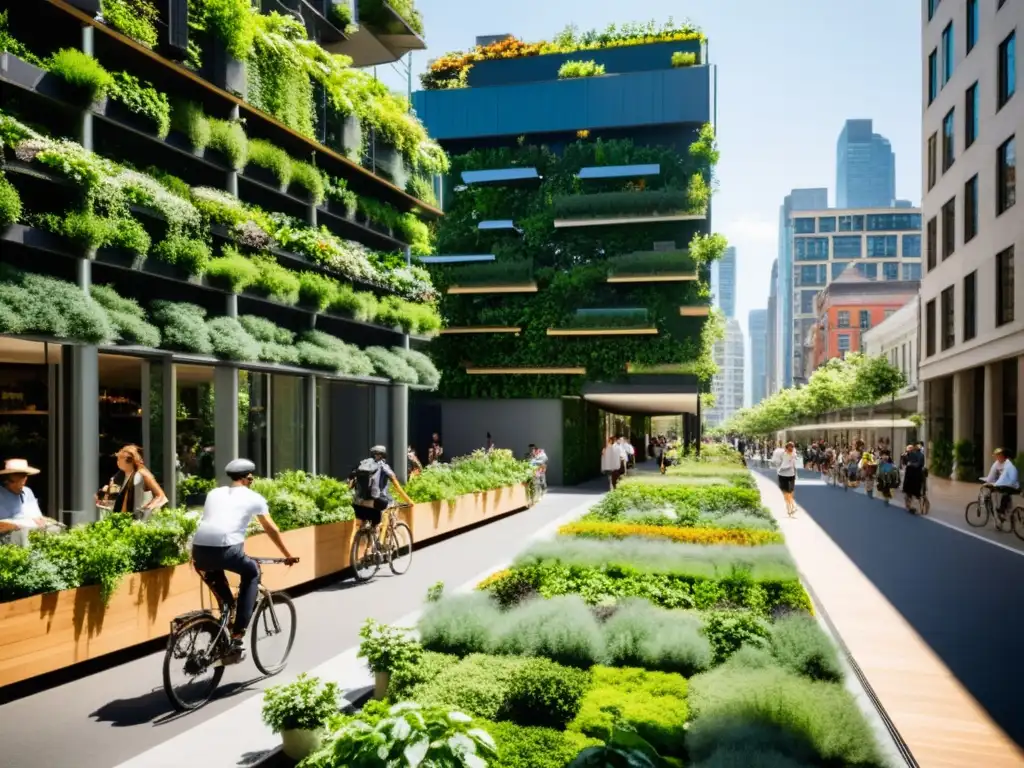 Una calle urbana bulliciosa con naturaleza integrada en edificios, destacando la sostenibilidad urbana integrando naturaleza