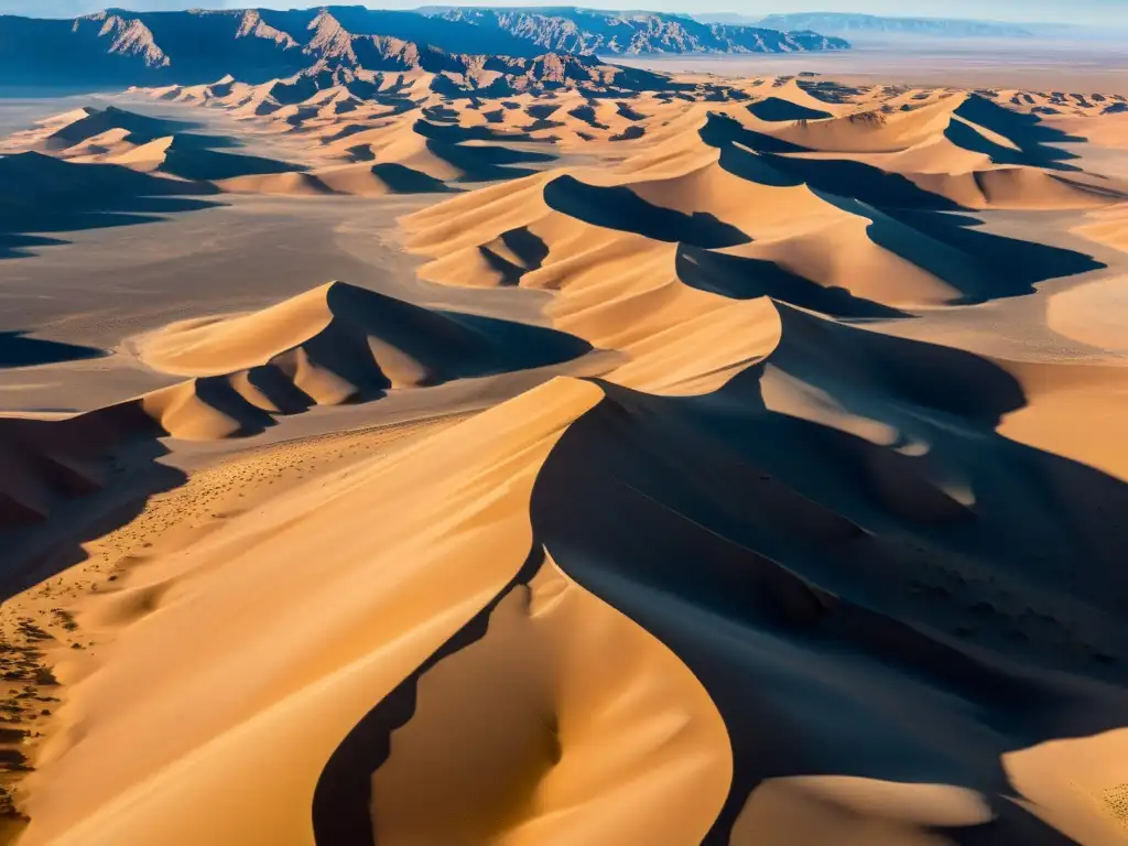 Desertificación y cambio climático en ecosistemas áridos: Fotografía aérea de un vasto desierto con dunas y rocas, bajo un cielo azul sin nubes