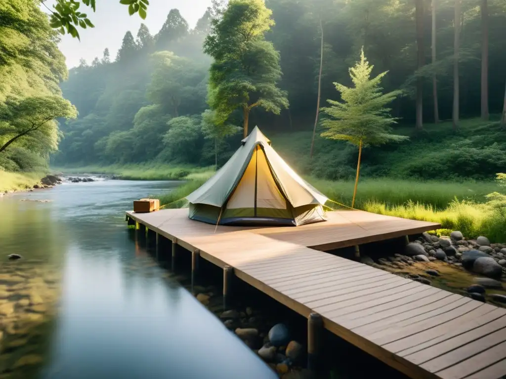 Un campamento ecológico minimalista en un bosque verde, con una tienda en una plataforma de madera, rodeado de árboles altos y un arroyo tranquilo