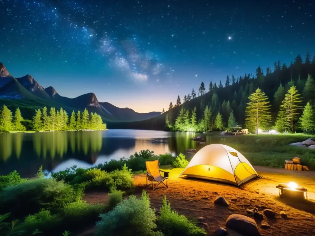 Campamento nocturno en el bosque con iluminación sostenible, resaltando la armonía con los ecosistemas nocturnos