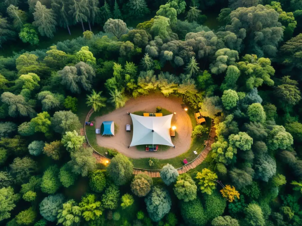 Un campamento remoto en un frondoso bosque al anochecer, iluminado por un sistema de iluminación sostenible