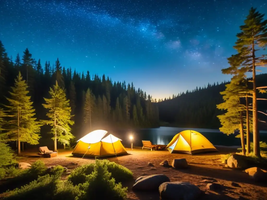 Un campamento remoto iluminado por suaves linternas solares en el denso bosque nocturno