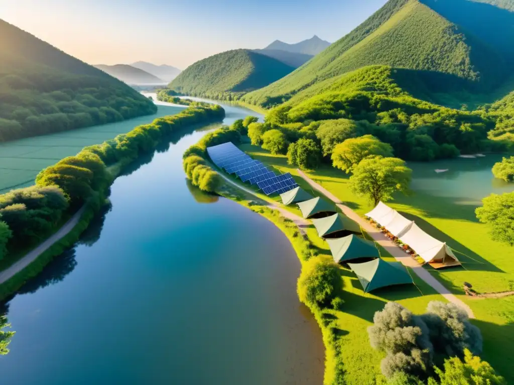 Campamento sostenible en bosque con tiendas de campaña ecológicas para camping, río sereno y atardecer dorado