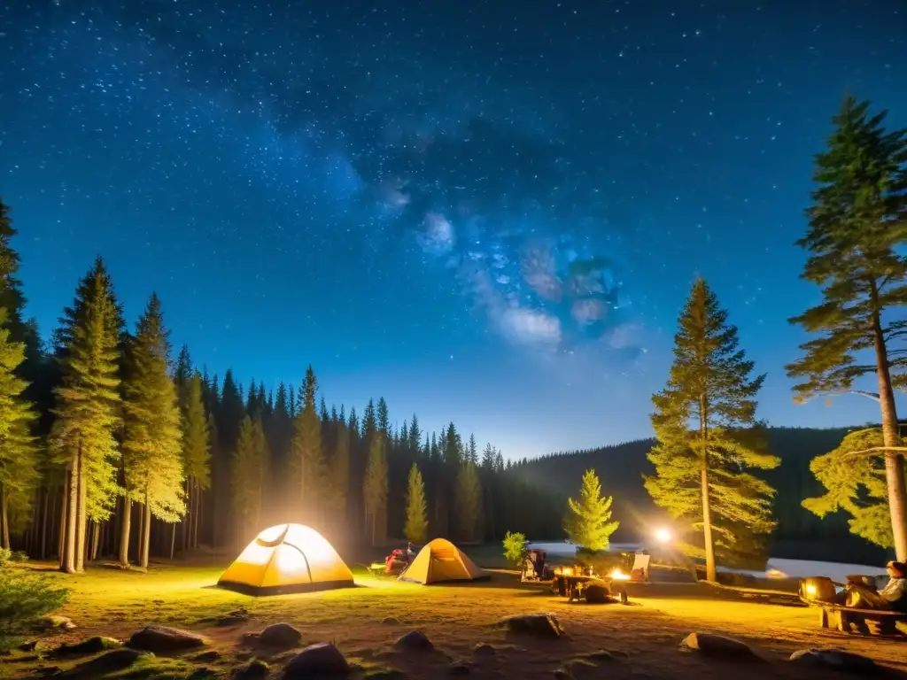 Un campamento sostenible iluminado en el bosque de noche, respetando los ecosistemas nocturnos