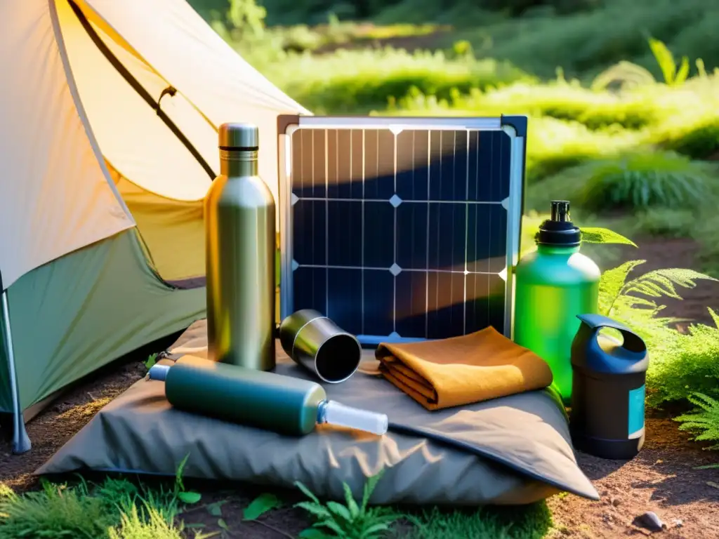 Un campamento sostenible con paneles solares, equipo ecológico y una tienda en medio de la naturaleza