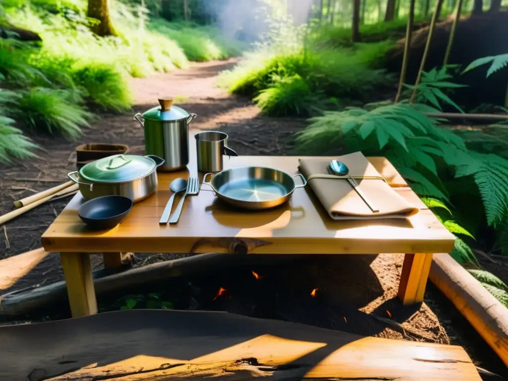 Un campamento tranquilo en un bosque verde con utensilios de cocina portátiles ecológicos en una mesa rústica