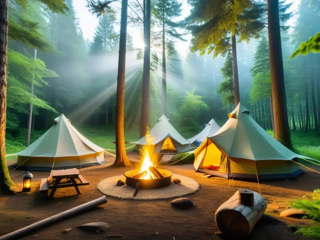 Un campamento tranquilo en el bosque, tiendas ecológicas se integran con armonía