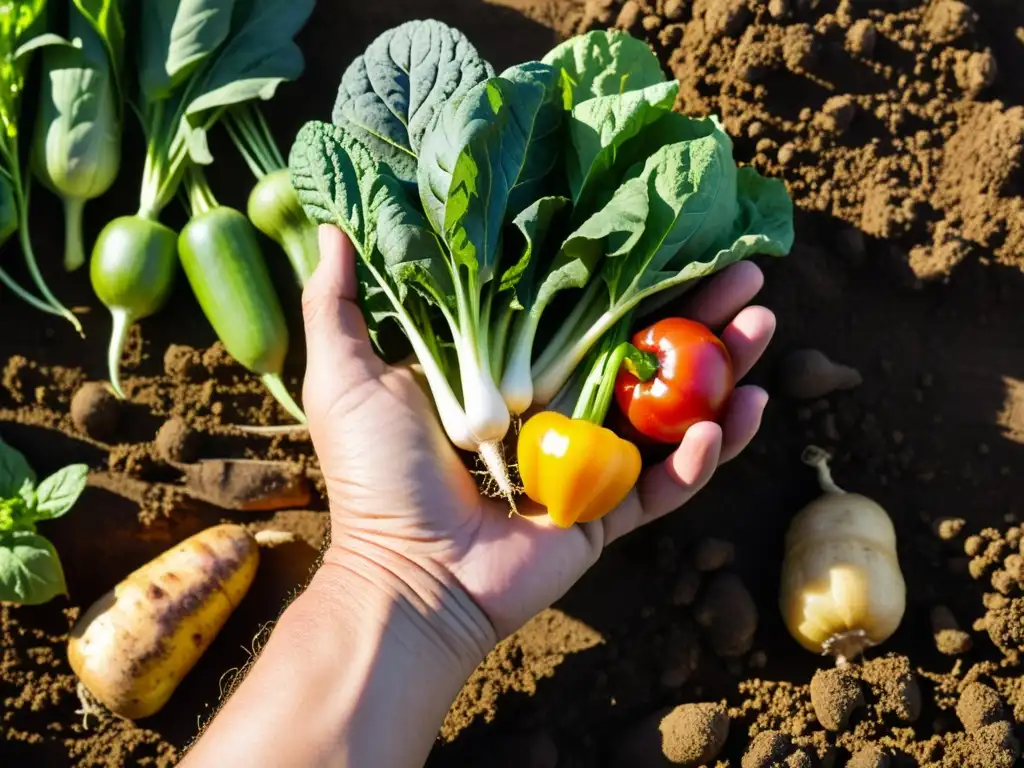 Un campesino sostiene vegetales orgánicos recién cosechados, con tierra fértil y vegetación exuberante de fondo, transmitiendo la dedicación al trabajo duro y los beneficios de alimentos orgánicos para salud