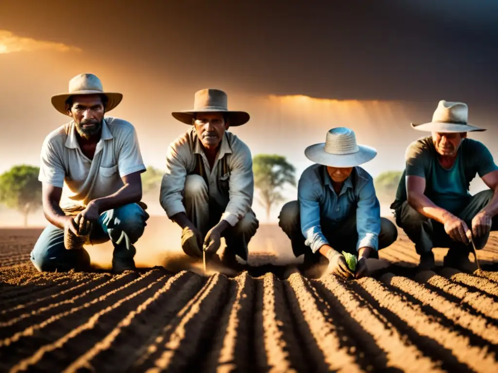 Campesinos plantan cosechas resilientes en campo seco, desafiando el cambio climático con determinación y esperanza