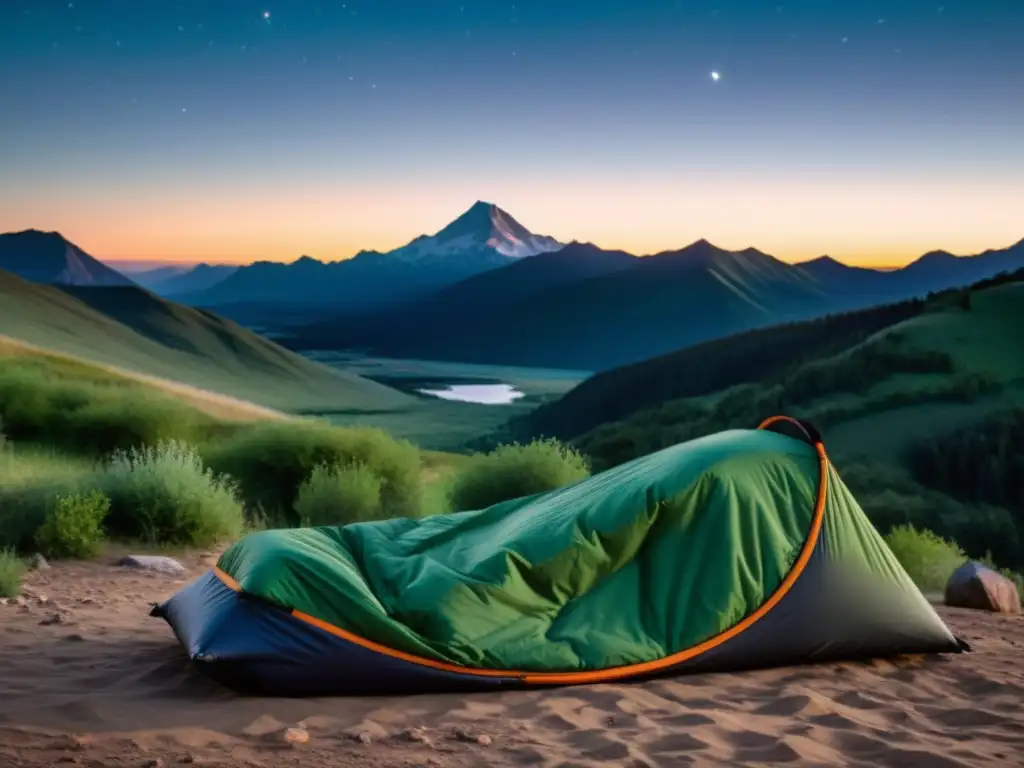 Un campista en su bolsa de dormir ecológica disfruta de la noche estrellada junto a majestuosas montañas