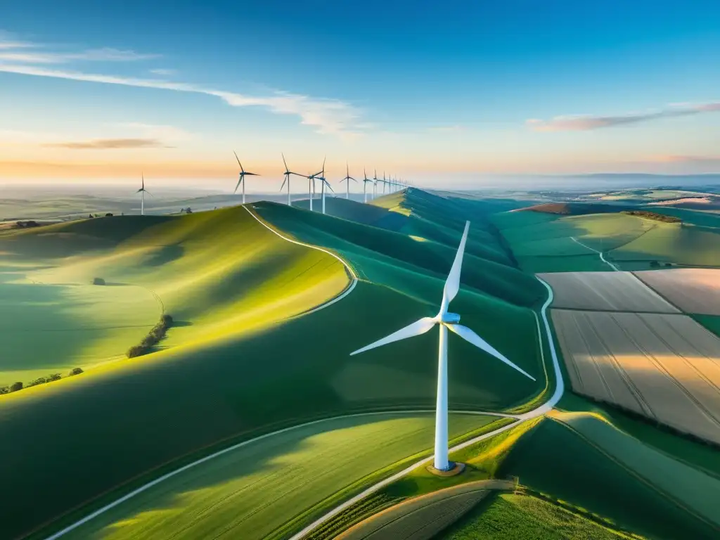 Un campo de aerogeneradores en colinas verdes, simbolizando la armonía entre naturaleza y energías renovables