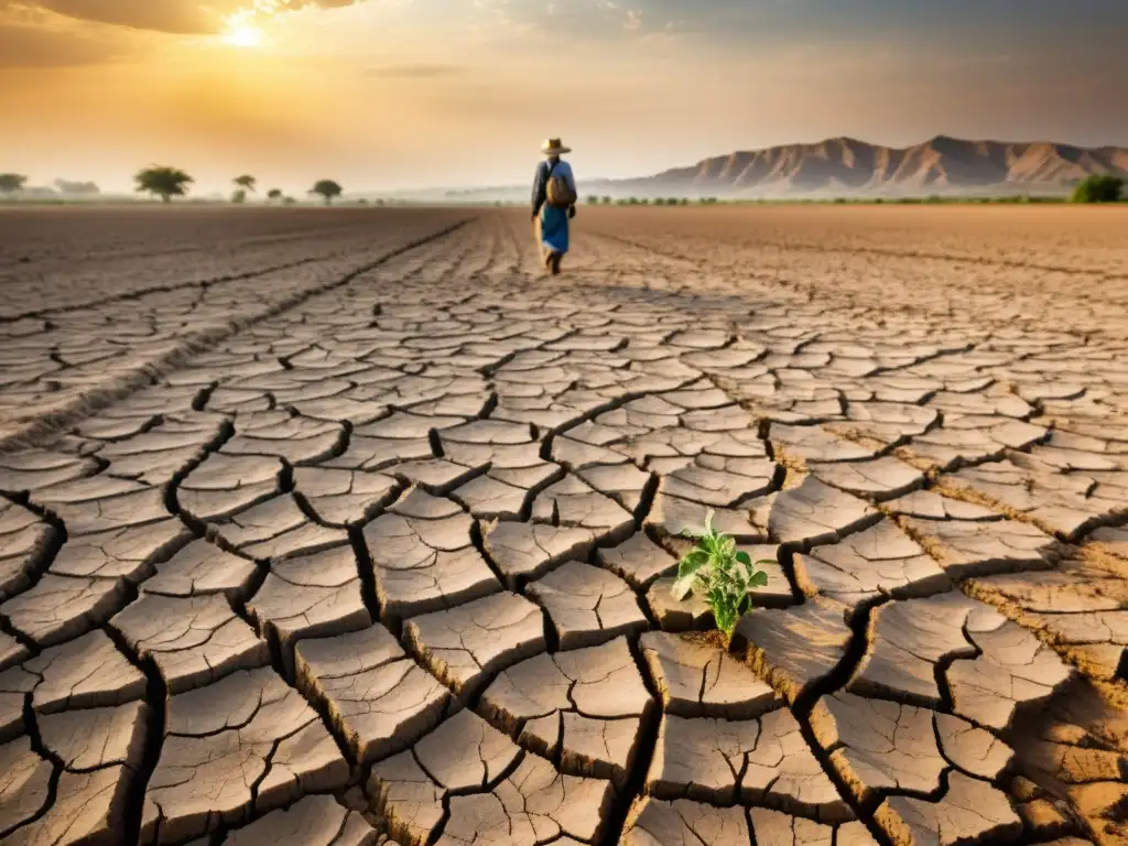 Un campo agrietado y reseco bajo el sol abrasador, con cultivos marchitos y un agricultor preocupado