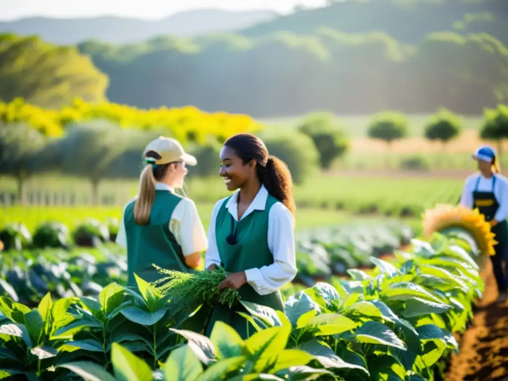 Un campo biodiverso donde estudiantes de educación agrícola cuidan cultivos, integrando conservación de ecosistemas